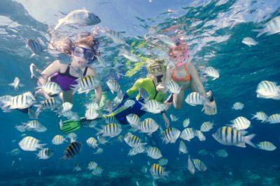 Kids snorkeling with fish.