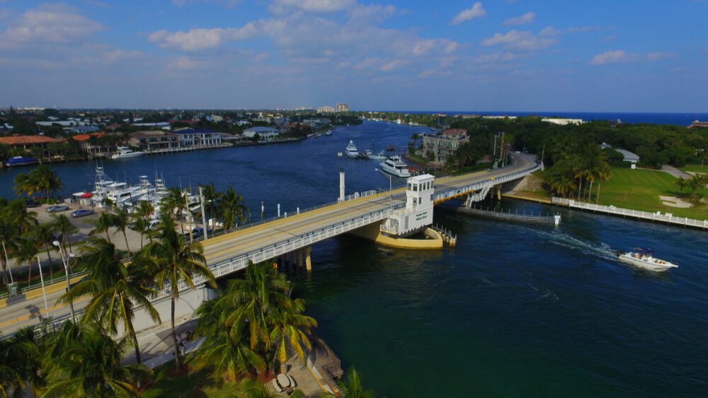 An aerial shot of the Intracoastal Waterway in Pompano Beach, Florida