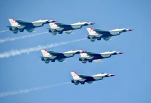 The Thunderbirds flying over Pompano Beach, Florida, during a spring airshow